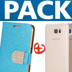Pack Etui Folio Strass Diamant + Coque Gel Second Skin Samsung Galaxy S6